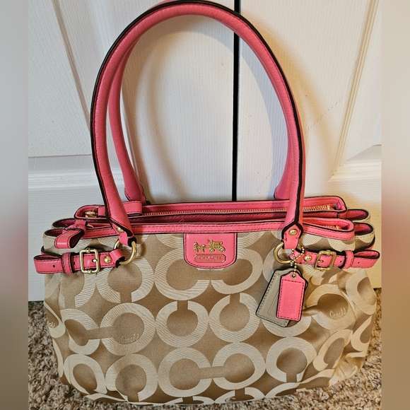 Coach Madison Tan and Pink Signature Shoulder Bag - Picture 1 of 16